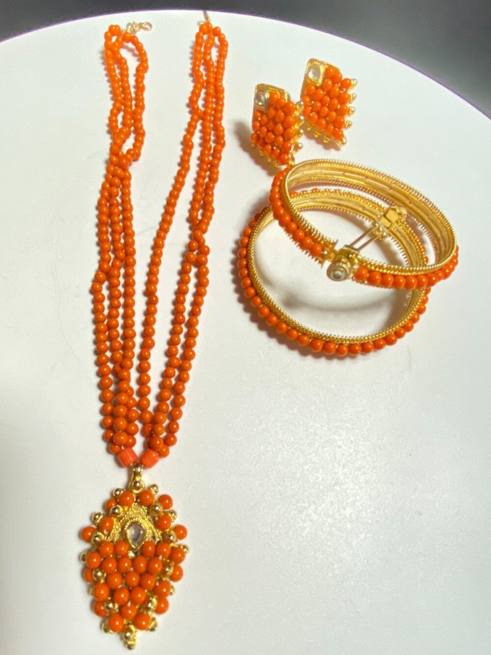 Orange Indian-inspired Glass Beaded Jewelry Set – Necklace, Bracelets & Earrings